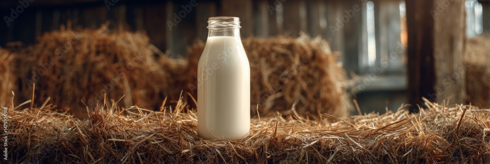Aufkleber Fresh Goat Milk in a Glass Bottle Resting on Straw in a Rustic Farm Setting With Warm Light Fading in the Background