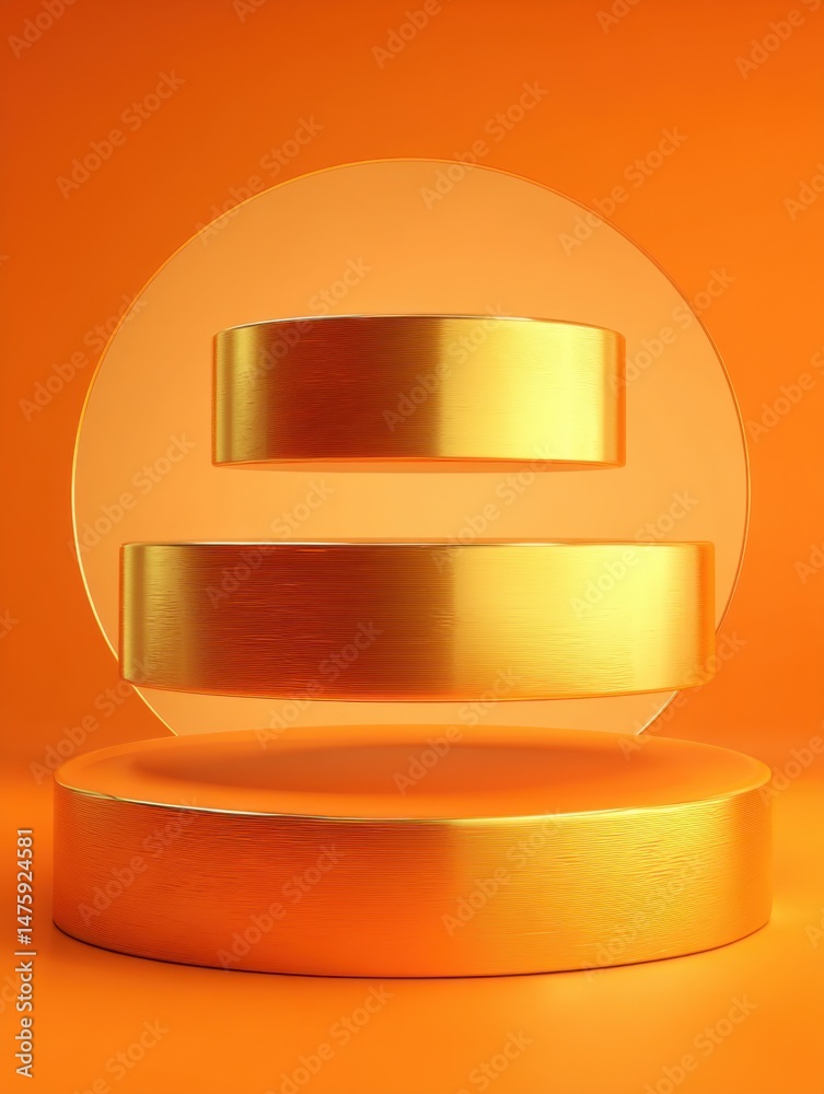 Poster golden podium display for product presentation studio shot on orange background minimalist style for