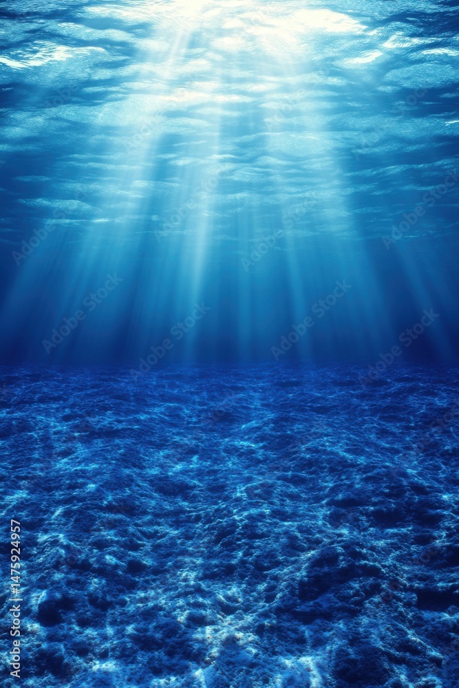 Poster underwater sunlight beams illuminating ocean floor view from below surface abstract nature scene