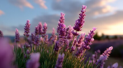 Fototapeta premium Lavender blooms at sunset in a serene field with soft clouds