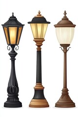 Three ornate street lamps in a row illustration against a white background showcasing vintage design and lighting solutions