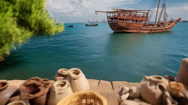 Seascape featuring a traditional dhow sailing boat, clay pottery, burlap sacks, and wicker baskets loaded with goods on a wooden deck.