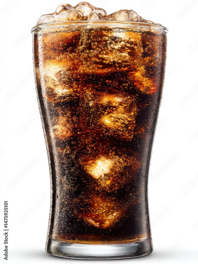 Aufkleber Refreshing cola drink with ice cubes in a glass studio shot close up view on white background fizzy beverage