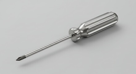 Gleaming steel screwdriver against gray backdrop