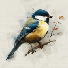 Fototapeta premium Blue-winged Mountain-tanager, Anisognathus somptuosus, Santa Marta, Colombia. Yellow, black and blue bird, sitting on the branch with clear green
