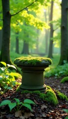 Moss-covered stone pedestal, sun-dappled forest floor, detail, wild