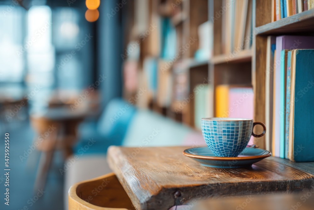 Poster blue mosaic cup with coffee on wooden table in cafe with bookshelf background close up eye level