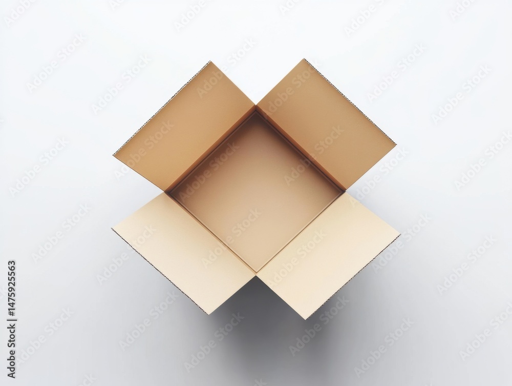 Poster open cardboard box from above on white background studio shot minimalist style for shipping moving o