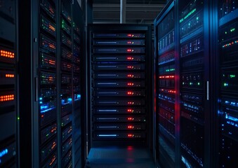 Server racks lined in a data center