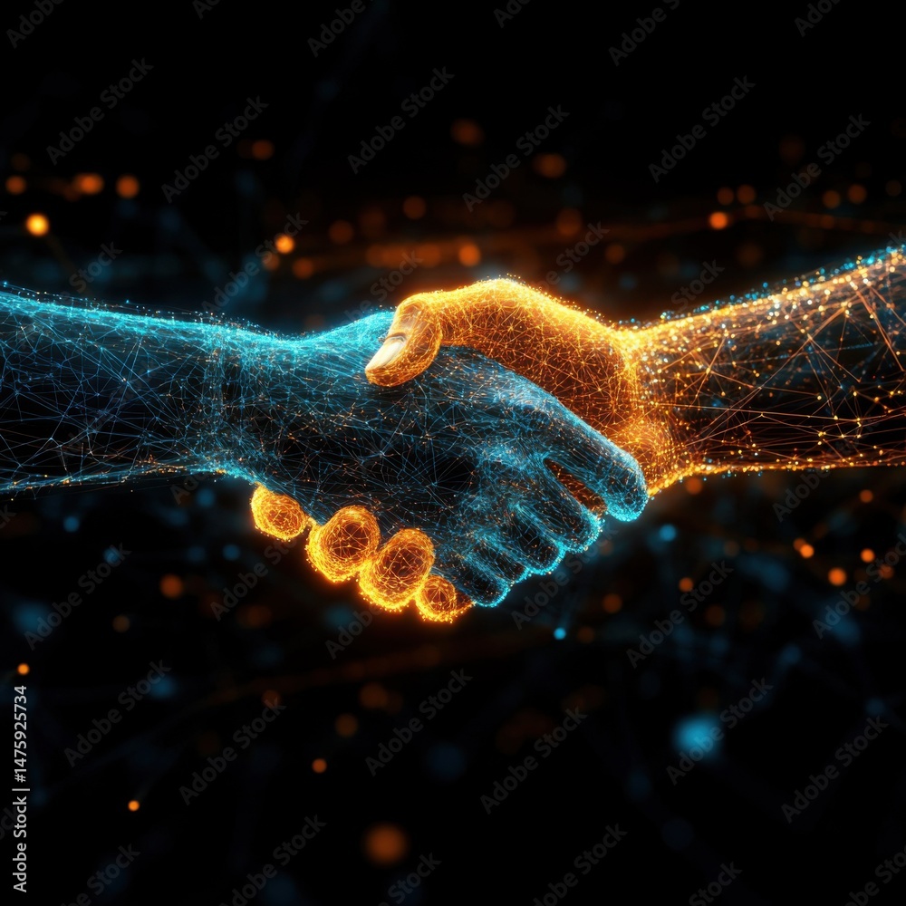 Poster digital handshake close-up of two hands in agreement with glowing orange and blue lines on black bac