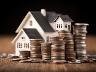 Miniature House Model with Stacks of Coins on Wooden Surface Macro Shot Home Finance Investment Concept