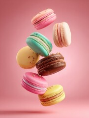 Obraz premium Colorful Macarons Falling on Pink Background Delicious French Dessert Close Up Studio Shot Sweet Treats Confectionery Pastry Food Photography