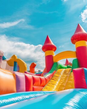 Low angle on inflatable bounce house castle with slide against blue sky and clouds for kids fun