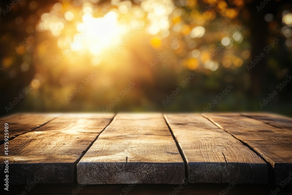 Fototapete rustic wooden table surface with golden sunlight and bokeh background for product display in nature