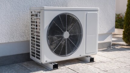 Outdoor Air Conditioning Unit Installation on Patio Next to House Wall in Sunny Day Close Up Shot