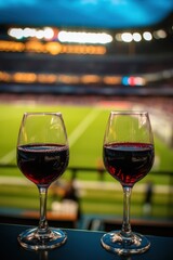Two Glasses of Red Wine at a Football Stadium, Elevated View, Luxury Box, Evening, Celebration, Relaxation, Entertainment, Lifestyle