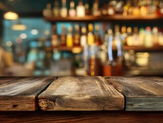 Rustic wooden table surface with blurred bar background, low angle perspective, indoor setting, warm lighting, inviting atmosphere