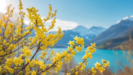 Fototapeta premium Spring Blossoms with a Scenic Mountain and Lake View 