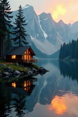 Fototapeta premium Warm light spills across cozy cabin, still lake reflects dawn , morning, cottage, scene