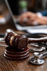 Gavel and Stethoscope on Wooden Desk with Laptop in Background Close Up Law and Medicine Concept