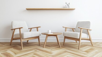 Simple modern living room interior design with light-colored furniture.