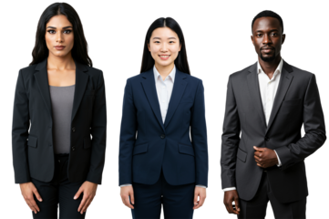 Three diverse young adult professionals, including Indian, East Asian, and African individuals, wearing business suits and blazers, standing confidently against a transparent background.