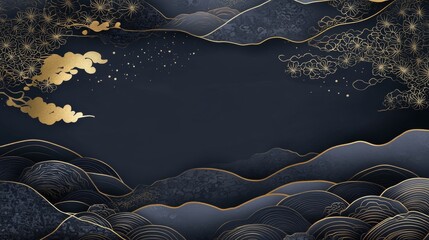 Dark Gold Mountains Landscape Art japanese patterns
