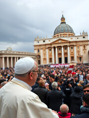Pope of the Catholic Church looking at the crowd in St. Peter's Square, in the Vatican