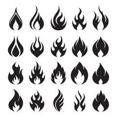 Fire icon collection. Y2K Style Flame Icons Set – Hand Drawn Fire Symbols, Grunge Flame Frames, Bonfire Silhouettes, Flat Fire Logos
