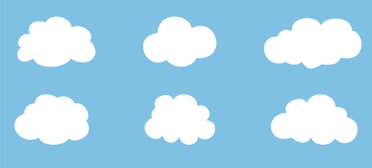 Cloud icons set. White clouds set. Cloud icons on blue background. For Art, Print, Web design. Vector Illustration.