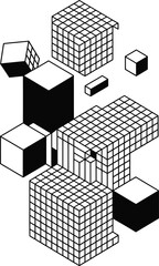 Abstract black and white geometric composition featuring isometric cubes and 3d box elements on a white background