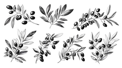 Obraz premium Detailed illustrations of olive branches and fruit.