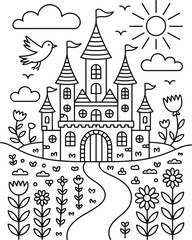 Charming black and white illustration of a fairytale castle featuring flowers a path and flying birds