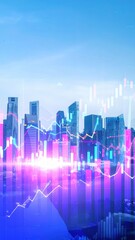 Naklejka premium A bustling city skyline filled with diverse architectural buildings, interspersed with vibrant graphs and charts illustrating economic growth and data trends.