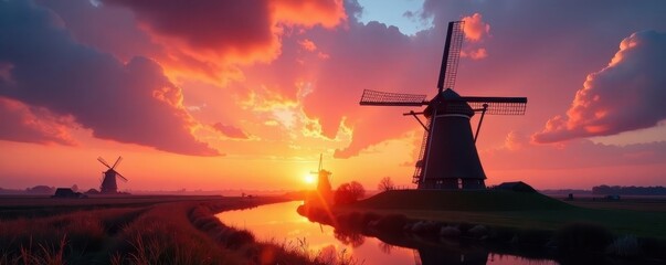Classic Dutch windmill silhouetted against vibrant sunset sky , silhouette, old