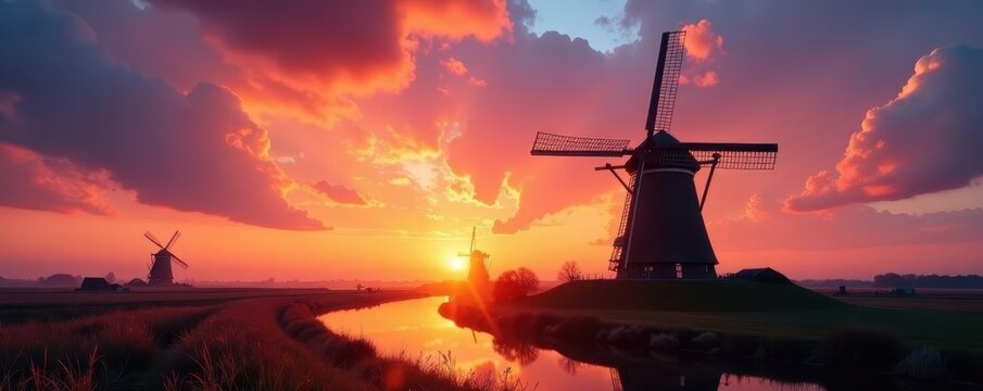 Classic Dutch windmill silhouetted against vibrant sunset sky , silhouette, old
