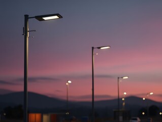 Modern street lights illuminate a parking lot at dusk; eye-level shot of urban lighting against a vibrant pink and purple sky