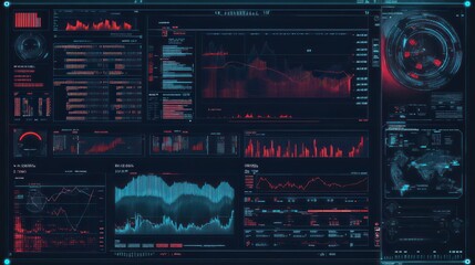 Futuristic Data Visualization:  A Complex Network of Charts and Graphs Displaying Real-Time Information
