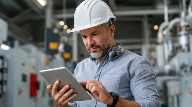 Focused Engineer Inspecting Technology: A seasoned engineer, clad in a white hard hat, diligently reviews data on a tablet within a dynamic industrial setting.
