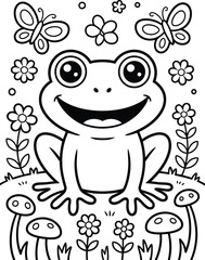 Fototapeta premium Happy cartoon frog surrounded by flowers butterflies and mushrooms in a black and white outline