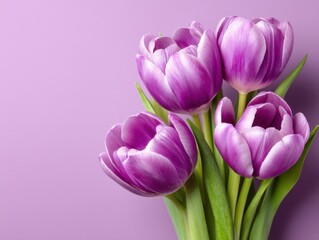 Fototapeta premium Purple tulips close up on purple background studio shot floral arrangement spring flowers blossom bloom fresh bright vibrant color