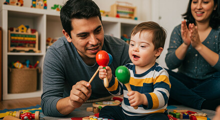 Happy family playing maracas with down syndrome child at home