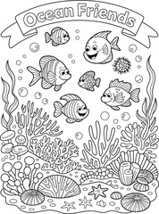 Adorable ocean friends underwater coloring page featuring friendly smiling fishes and marine life