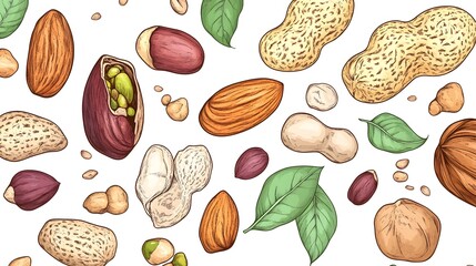 Hand-drawn illustration of various nuts and seeds.