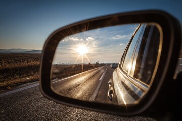 Car side mirror reflecting road during golden hour sunset with sunburst and another car in distance on asphalt highway