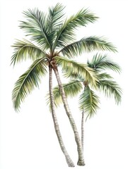 Watercolor painting of three palm trees against a white background in a vertical composition for tropical vacation vibe