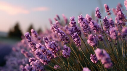 Fototapeta premium Lavender fields at sunset with blooming purple flowers and soft focus background