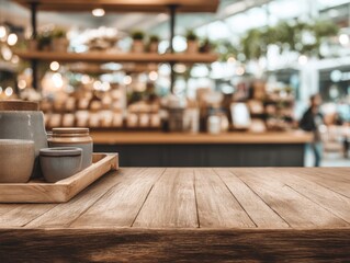 Rustic pottery on wooden tray in cafe setting eye level shot with blurred background and warm tones for product display