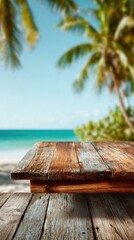Tropical Beach Scene with Wooden Tabletop Background for Product Display Vacation Getaway Concept
