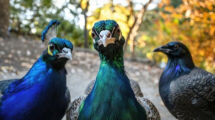 A peacock, a dove, and a crow making cool faces for the camera.